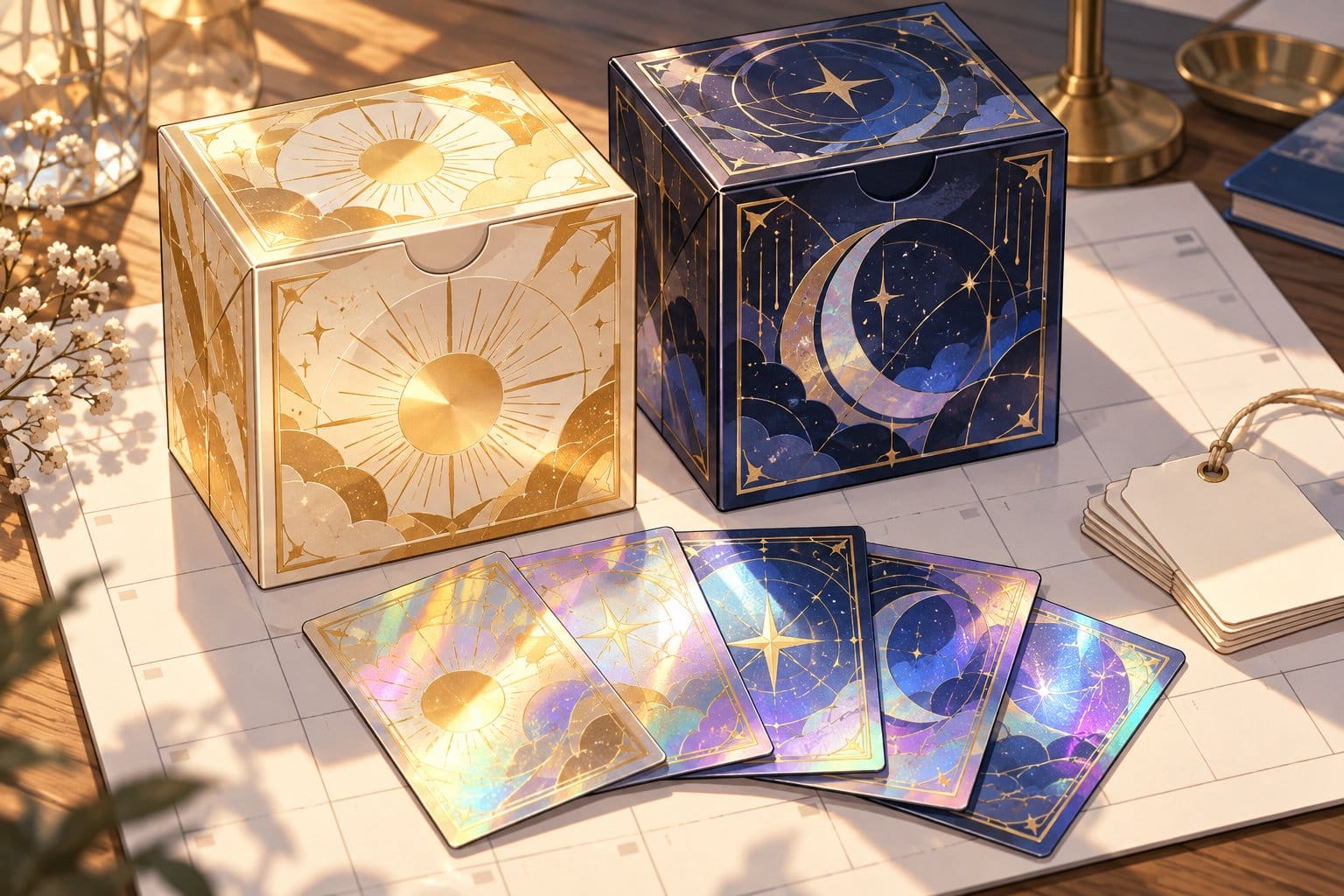 Illustration of two shiny collector boxes, one gold and one deep blue, with holographic cards fanned out in front and price tags beside them.