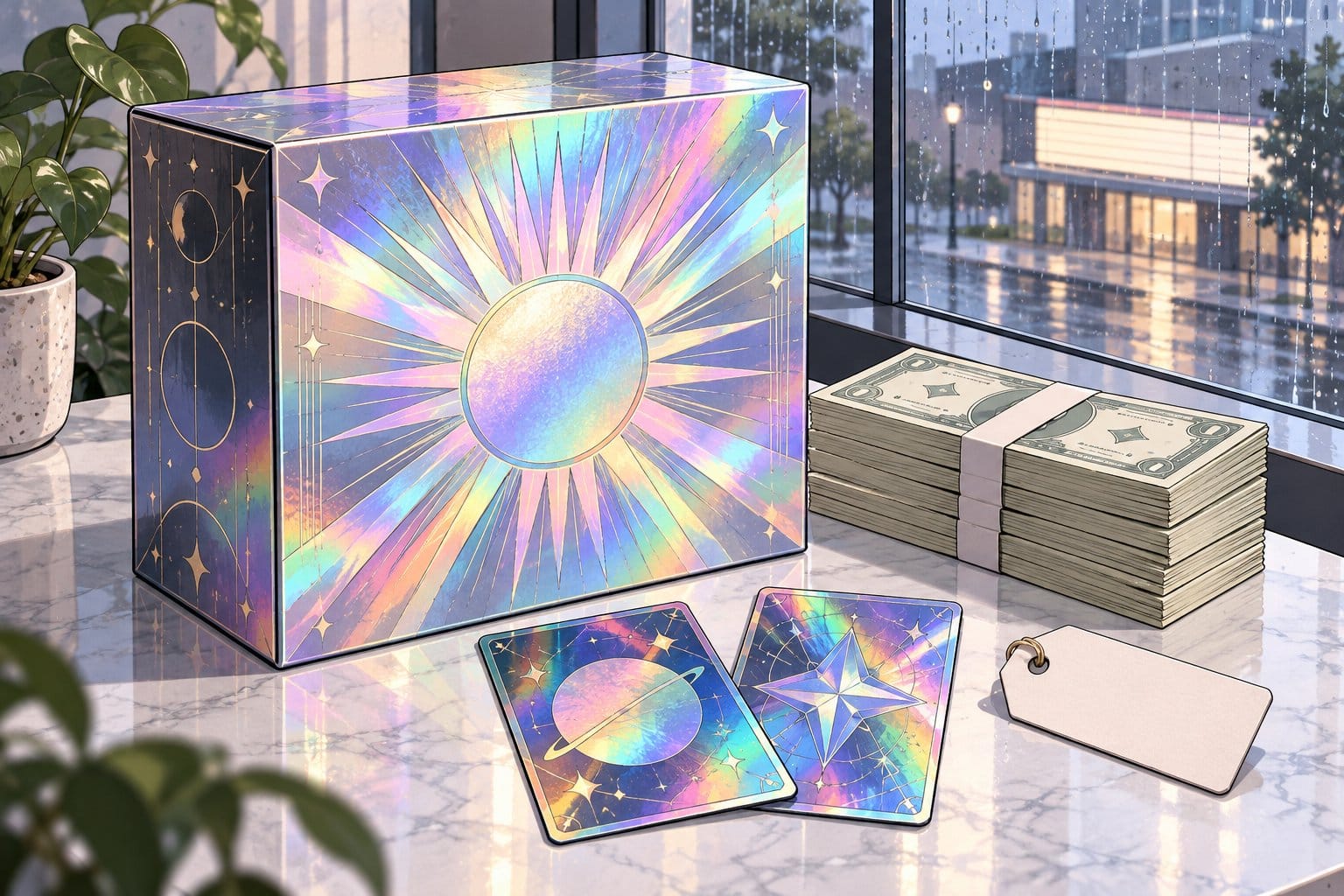 Illustration of a shiny collector's box beside a tall stack of banknotes and fanned holographic cards, suggesting a big price markup.