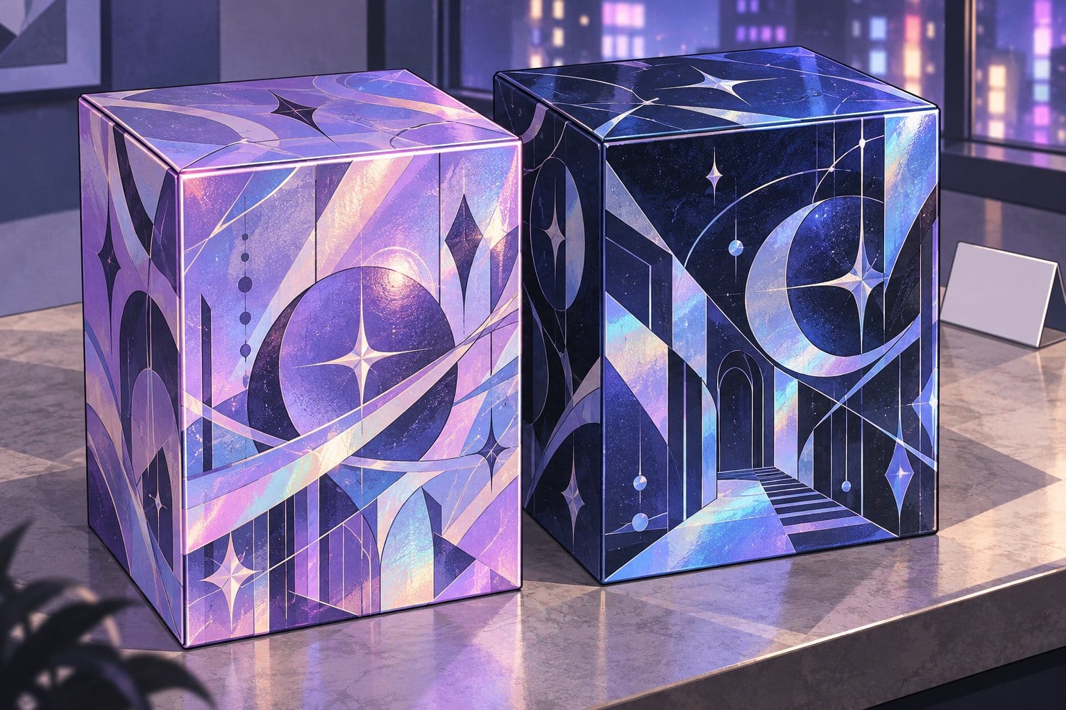 Illustration of two shiny trading card boxes, one violet and one midnight blue, side by side with a hand hovering over them as if choosing.