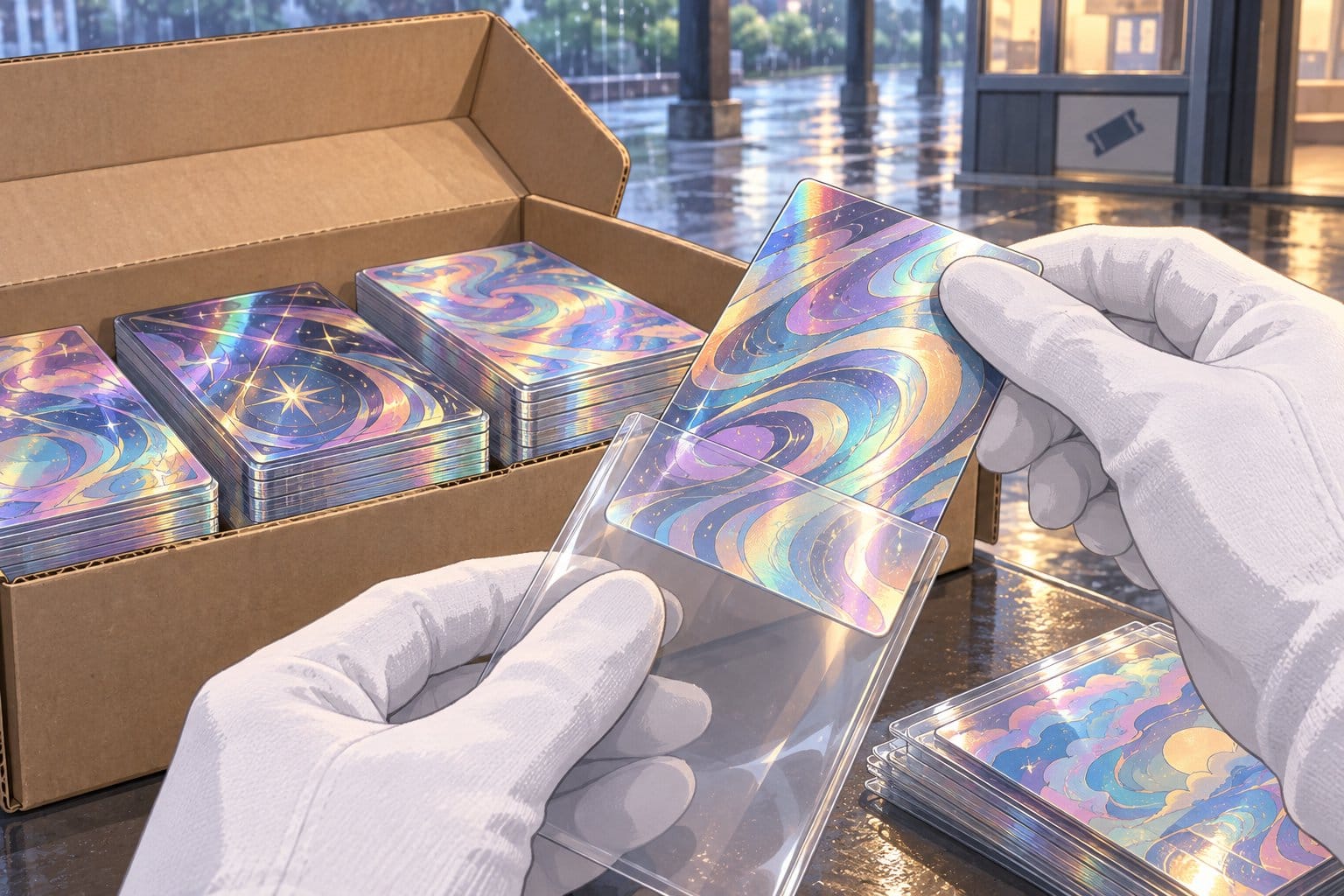 Illustration of colorful holographic trading cards spilling out of an open delivery box, with a hand placing one into a protective case.