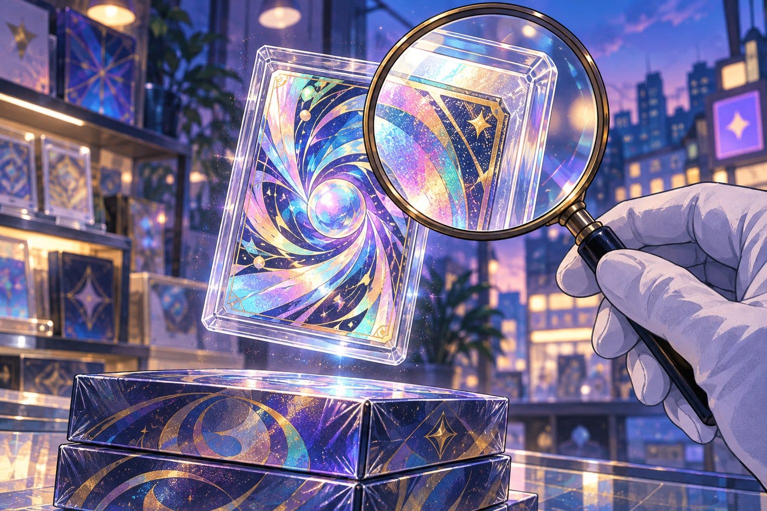 Illustration of a shiny holographic trading card in a protective case beside sealed boxes, with a hand holding a magnifying glass over it.