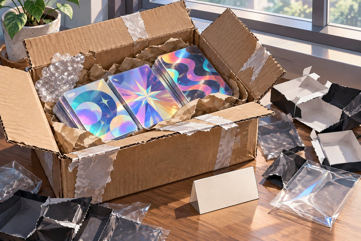 Illustration of brightly shining cards and empty shipping packaging.