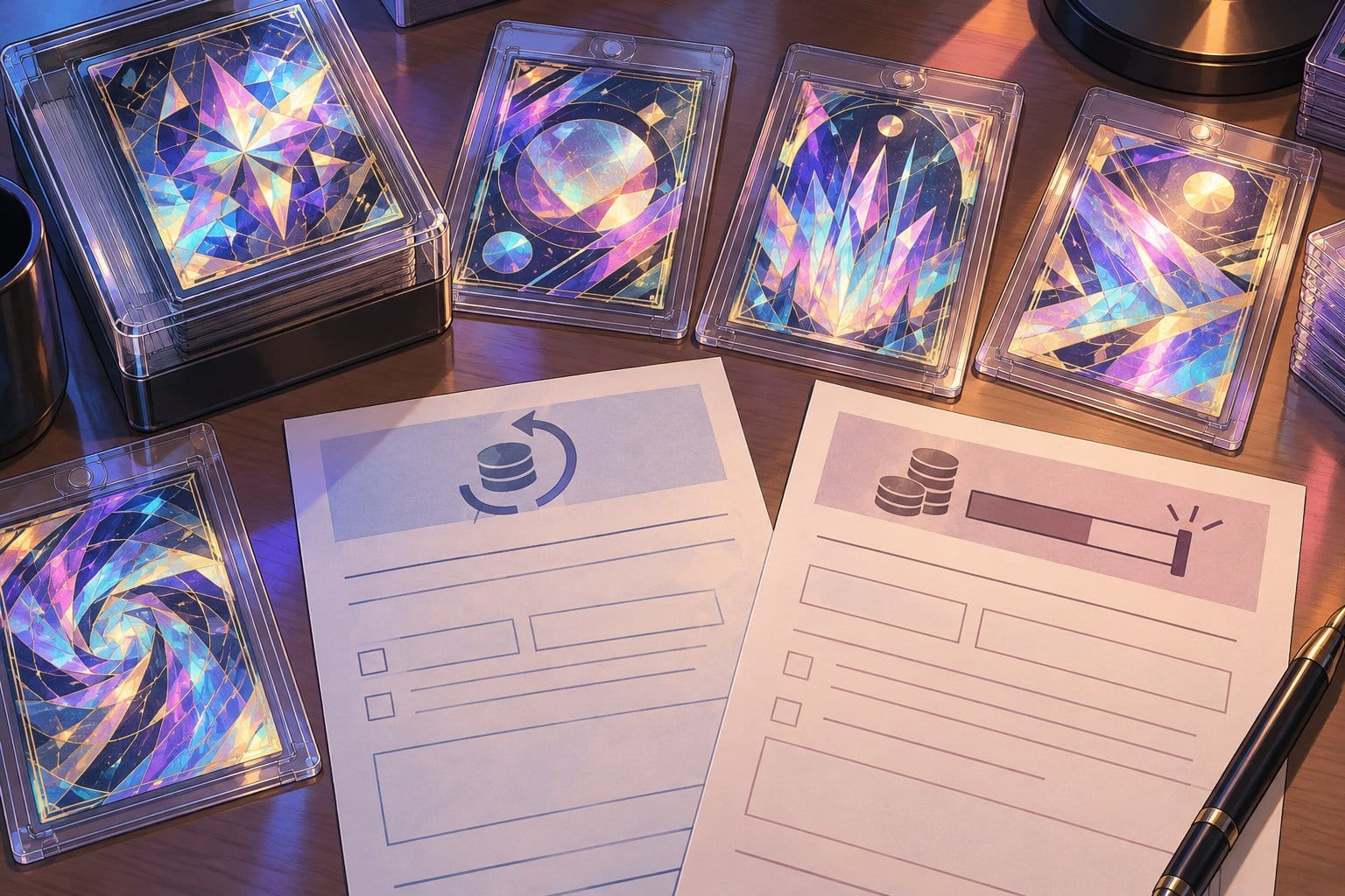 Illustration of colourful holographic cards beside refund and capped compensation forms.