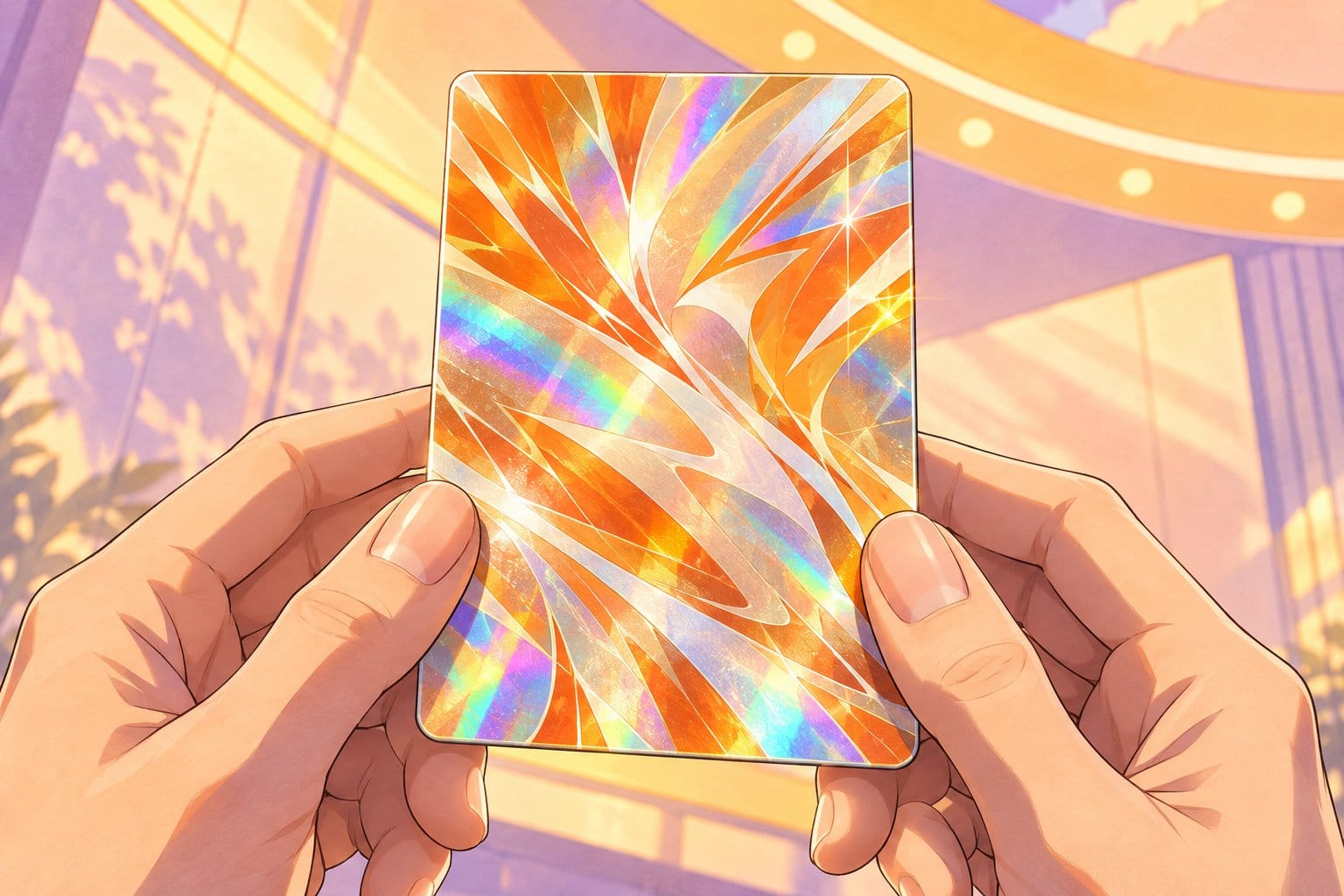 Illustration of hands holding a shiny holographic trading card in orange and white beside a stack of foil booster packs.