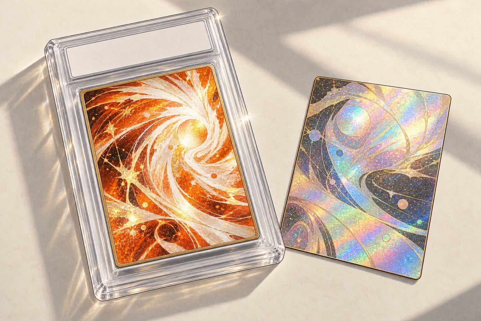 Illustration of a graded holographic trading card in a protective case beside a raw foil card and two stacks of coins of different heights.