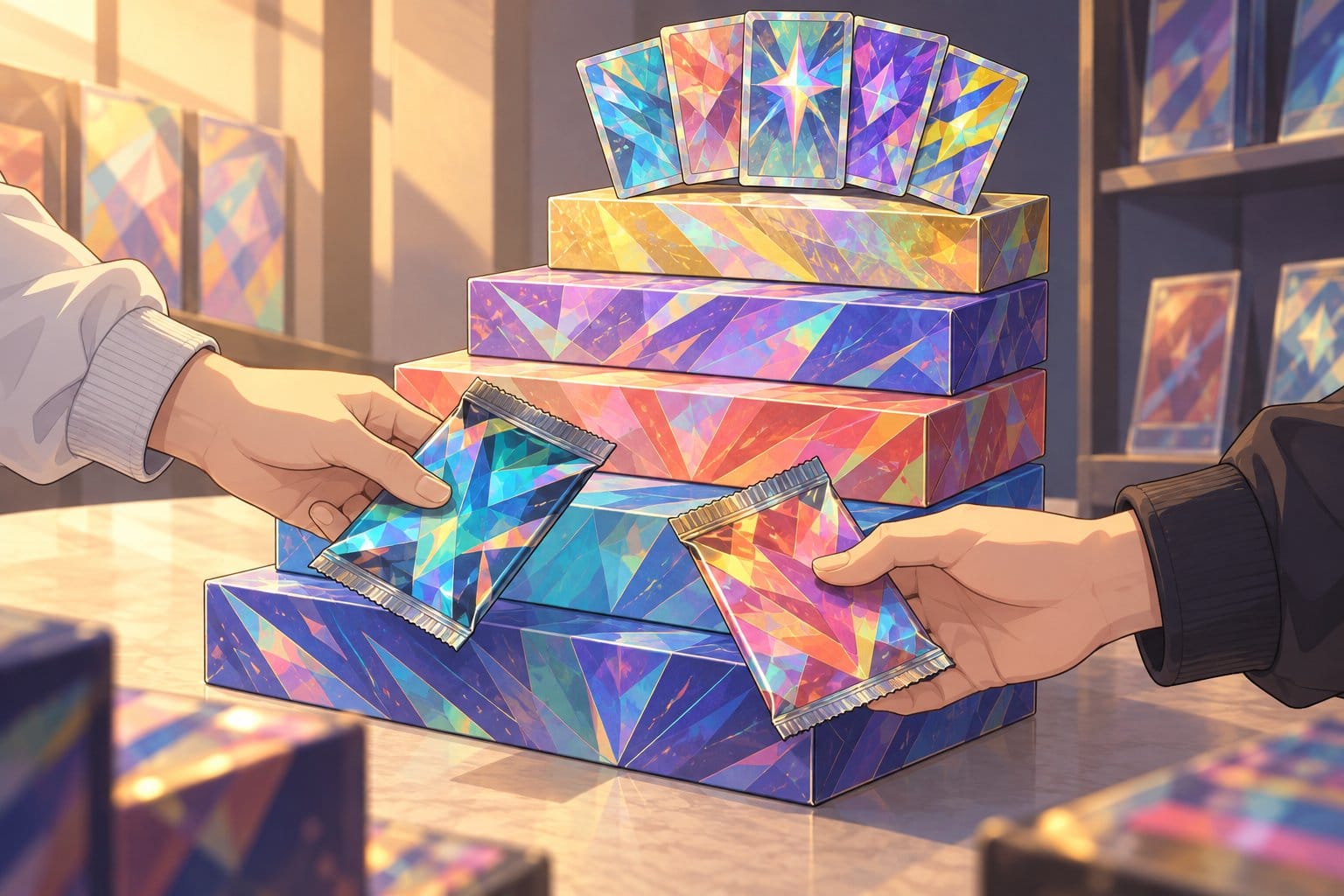 Illustration of colourful holographic trading cards fanned out on a ranked podium while two hands swap card packs.
