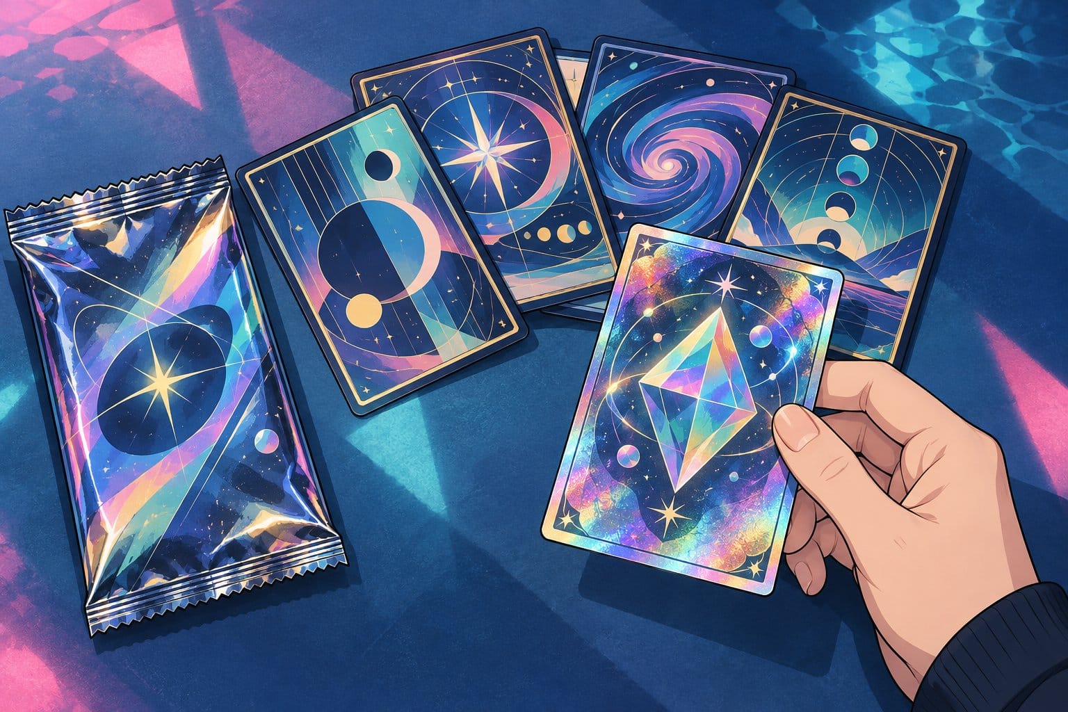 Illustration of glossy holographic trading cards fanned out next to a sealed booster pack, with a hand holding one shiny card.
