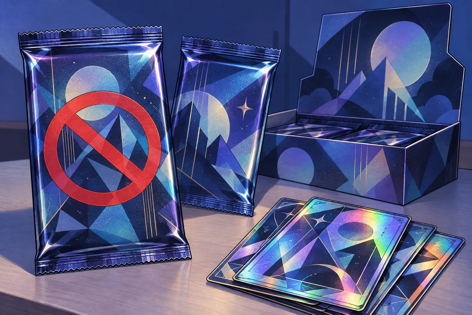 Illustration of sealed card packs and holographic cards, one pack marked with a red prohibition sign beside a labeled display box.
