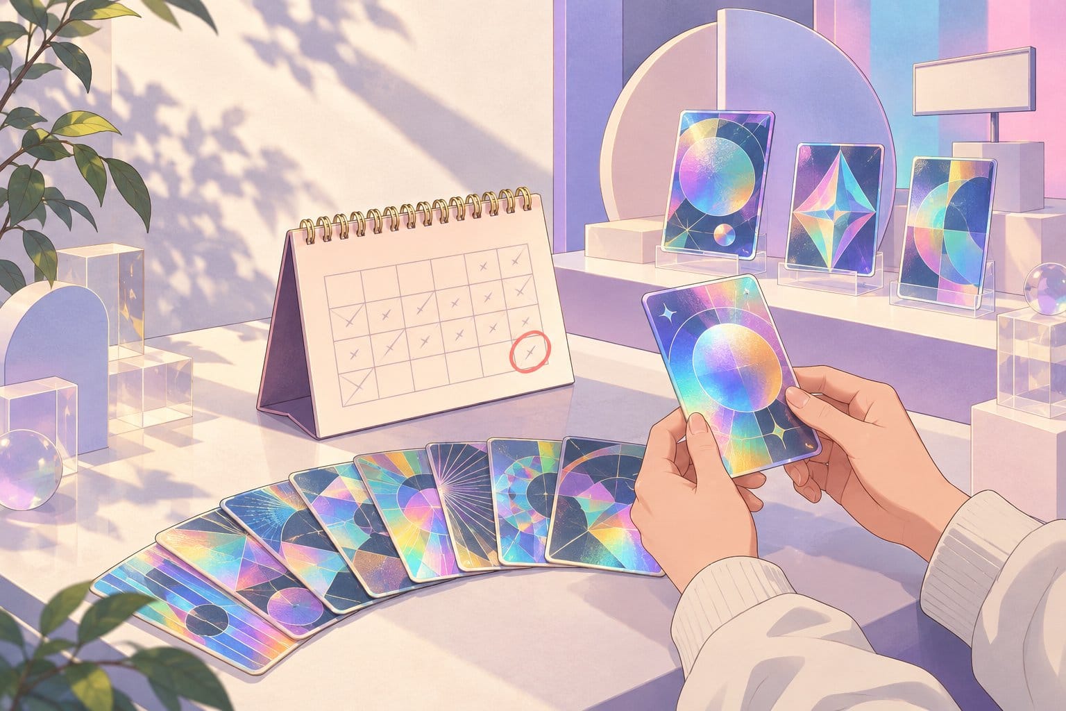 Illustration of a pop-up display with shiny holographic trading cards, a calendar with the last day circled, and hands holding up a card.