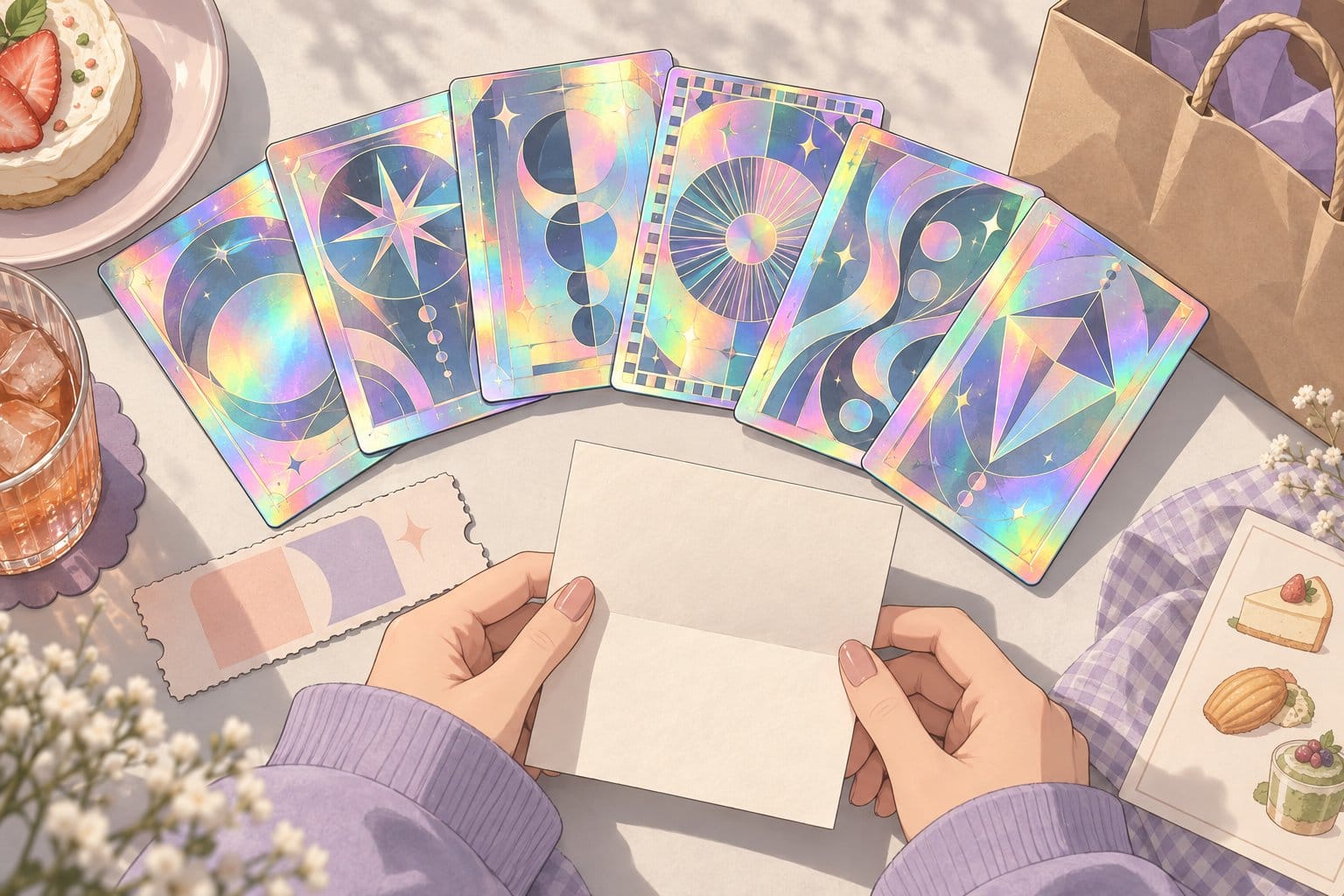 Illustration of colorful holographic trading cards fanned out beside an event ticket, a shopping bag and hands holding a folded map.